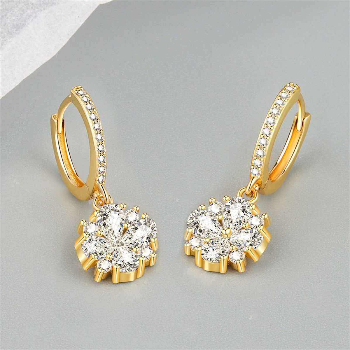 Crystal and 18K Gold-Plated Flower Huggie Earrings, gold huggie earrings, everyday style, side view