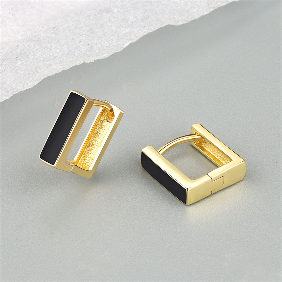Black Enamel and 18K Gold-Plated Square Huggie Earrings, gold huggie earrings, botanical inspired, front view