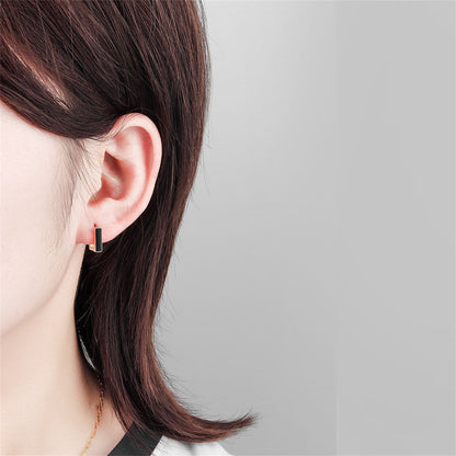 Black Enamel and 18K Gold-Plated Square Huggie Earrings, gold huggie earrings, botanical inspired, side view