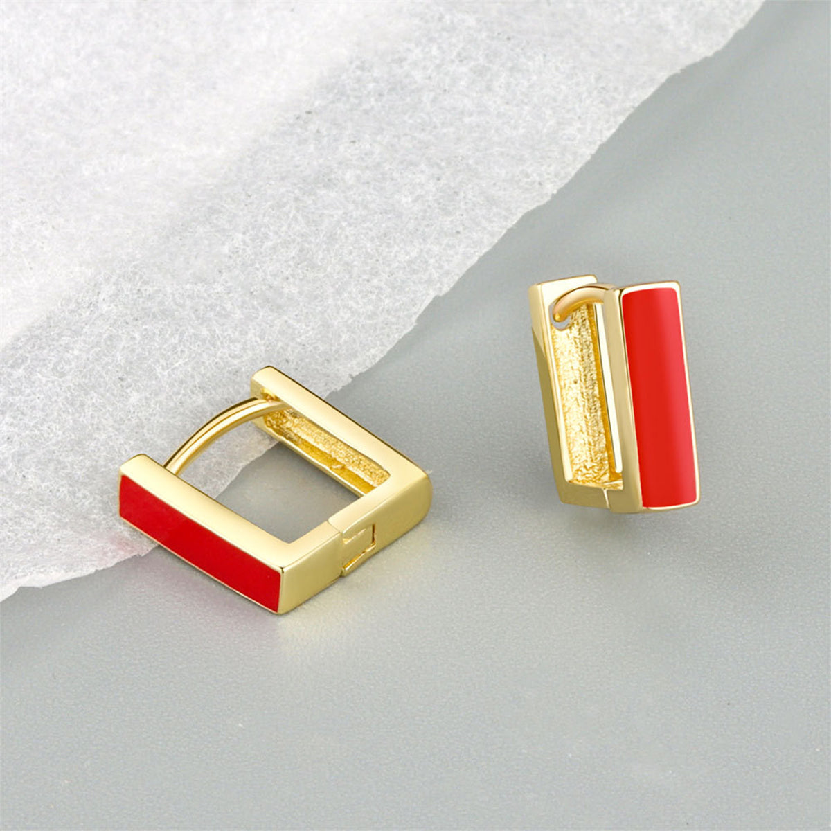 Red Enamel and 18K Gold-Plated Square Huggie Earrings, gold huggie earrings, botanical inspired, side view