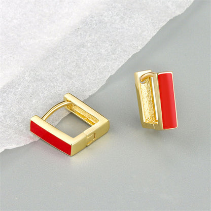 Red Enamel and 18K Gold-Plated Square Huggie Earrings, gold huggie earrings, botanical inspired, side view