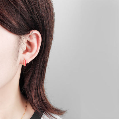 Red Enamel and 18K Gold-Plated Square Huggie Earrings, gold huggie earrings, botanical inspired, front view