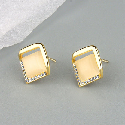Yellow Cats Eye and 18K Gold-Plated Rhombus Stud Earrings, gold stud earrings for women, everyday style, front view