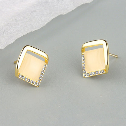 Yellow Cats Eye and 18K Gold-Plated Rhombus Stud Earrings, gold stud earrings for women, everyday style, detail close-up