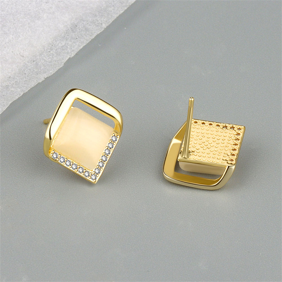 Yellow Cats Eye and 18K Gold-Plated Rhombus Stud Earrings, gold stud earrings for women, everyday style, lifestyle look