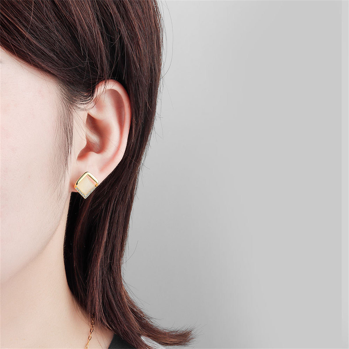 Yellow Cats Eye and 18K Gold-Plated Rhombus Stud Earrings, gold stud earrings for women, everyday style, styled look