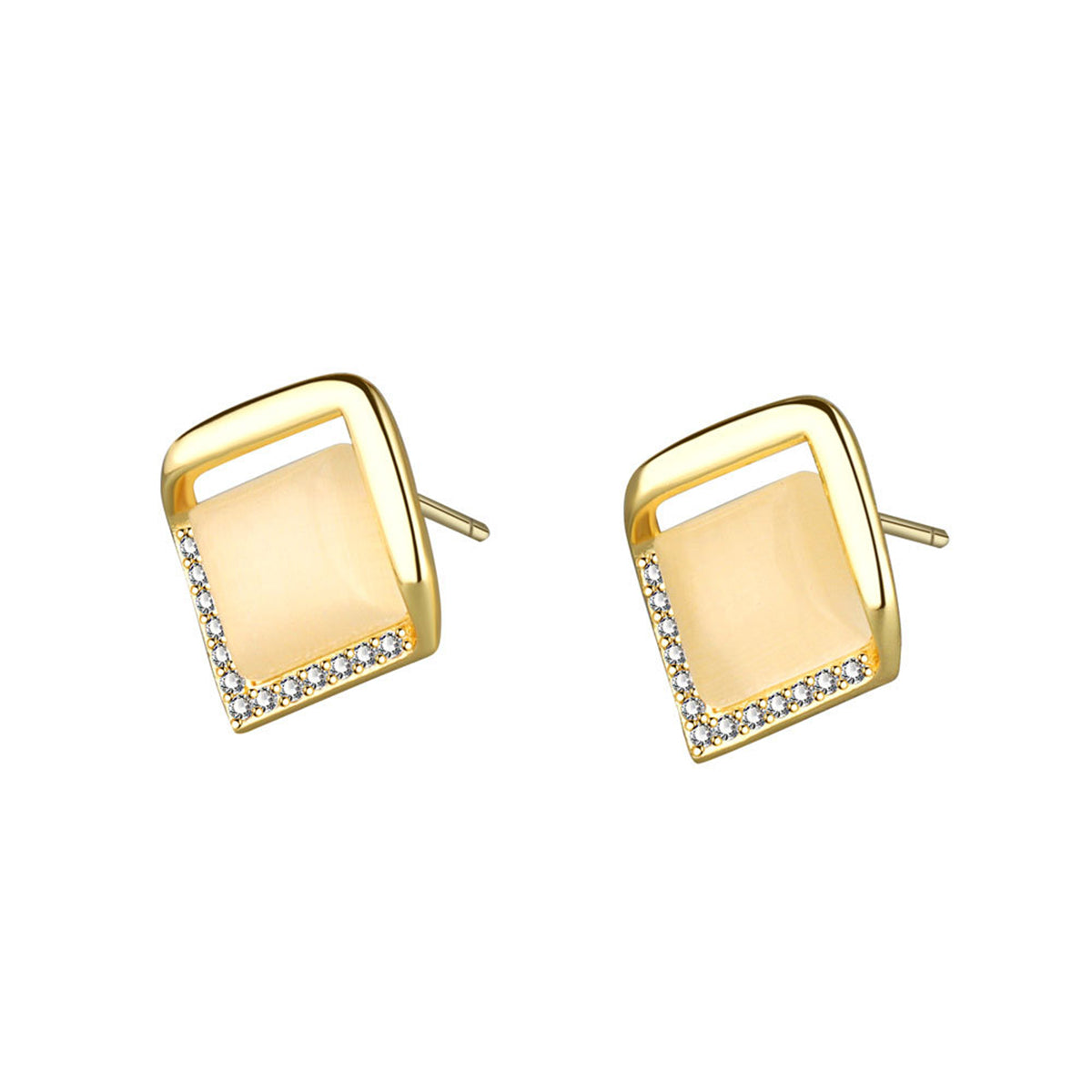 Yellow Cats Eye and 18K Gold-Plated Rhombus Stud Earrings, gold stud earrings for women, everyday style, side view