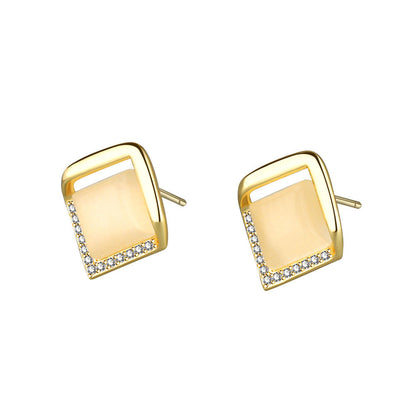 Yellow Cats Eye and 18K Gold-Plated Rhombus Stud Earrings, gold stud earrings for women, everyday style, side view