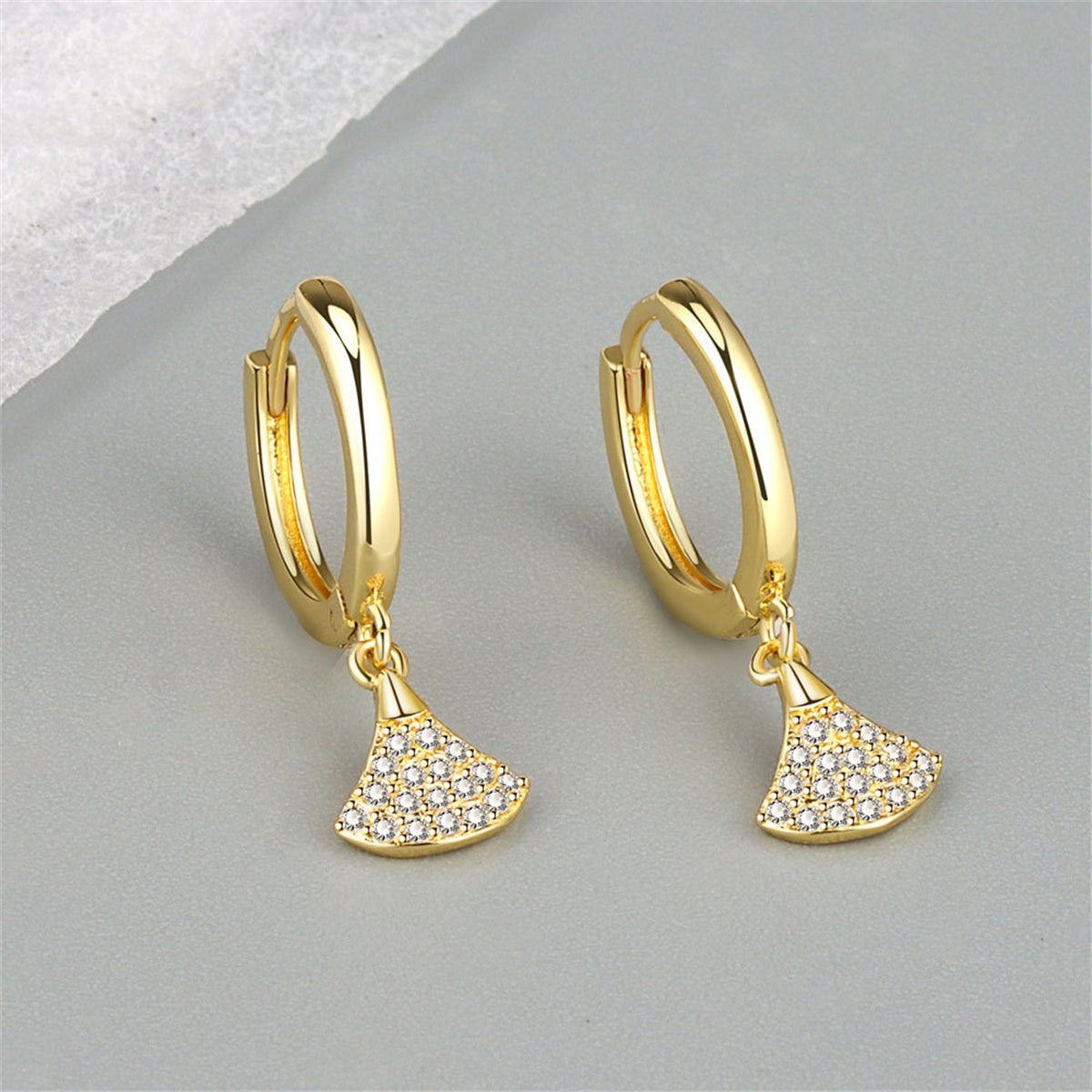 Cubic Zirconia and 18K Gold-Plated Fan Charm Huggie Earrings, gold huggie earrings, dainty minimalist design, front view