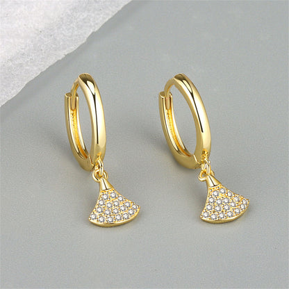 Cubic Zirconia and 18K Gold-Plated Fan Charm Huggie Earrings, gold huggie earrings, dainty minimalist design, front view