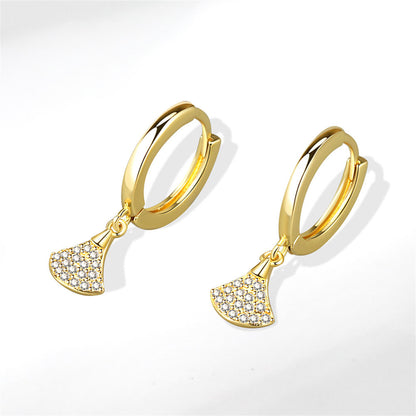 Cubic Zirconia and 18K Gold-Plated Fan Charm Huggie Earrings, gold huggie earrings, dainty minimalist design, detail close-up