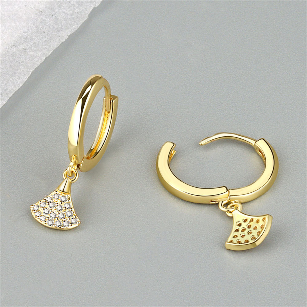 Cubic Zirconia and 18K Gold-Plated Fan Charm Huggie Earrings, gold huggie earrings, dainty minimalist design, lifestyle look