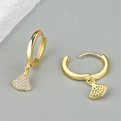 Cubic Zirconia and 18K Gold-Plated Fan Charm Huggie Earrings, gold huggie earrings, dainty minimalist design, lifestyle look