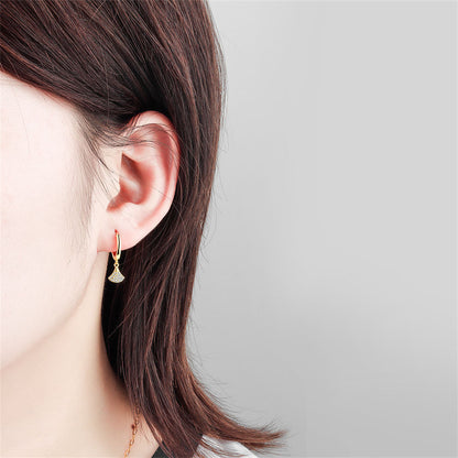 Cubic Zirconia and 18K Gold-Plated Fan Charm Huggie Earrings, gold huggie earrings, dainty minimalist design, styled look
