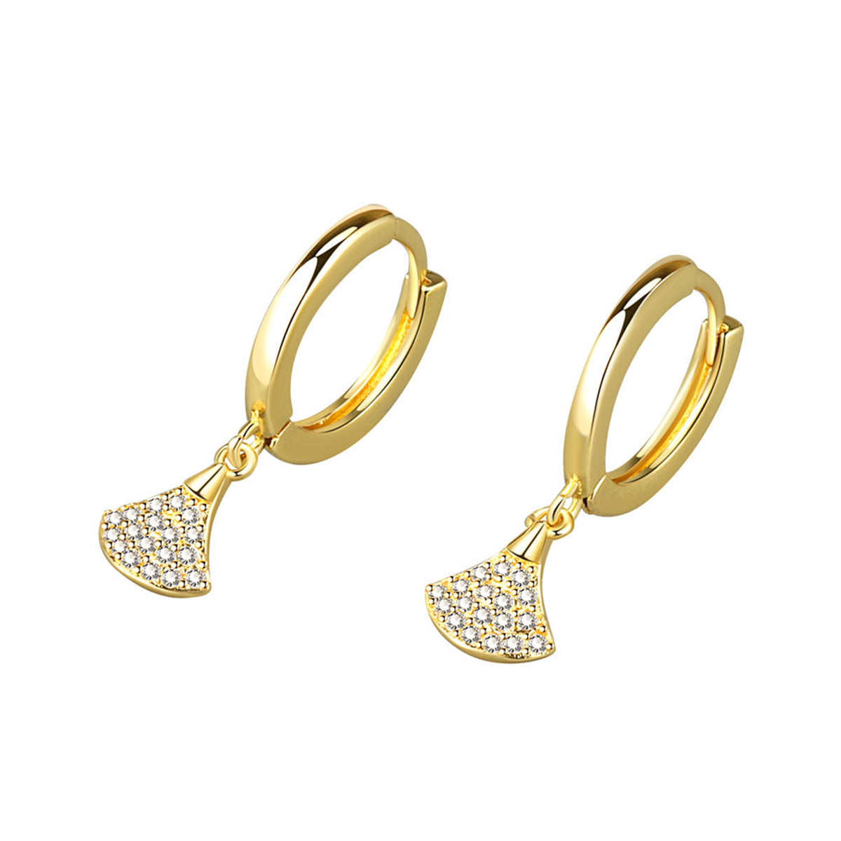 Cubic Zirconia and 18K Gold-Plated Fan Charm Huggie Earrings, gold huggie earrings, dainty minimalist design, side view