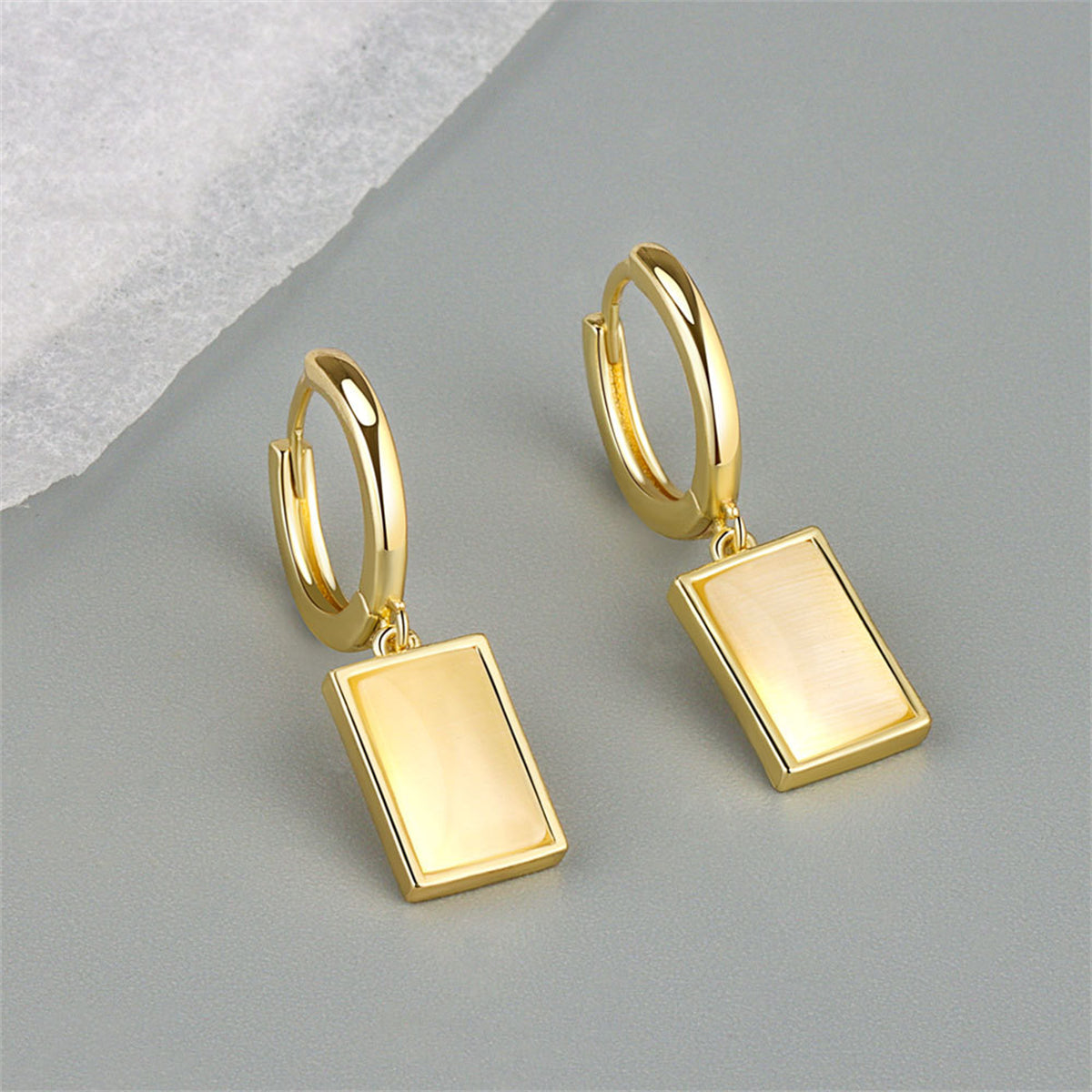 Cat's Eye and 18K Gold-Plated Rectangle Drop Earrings, gold huggie earrings, vintage-inspired design, lifestyle look