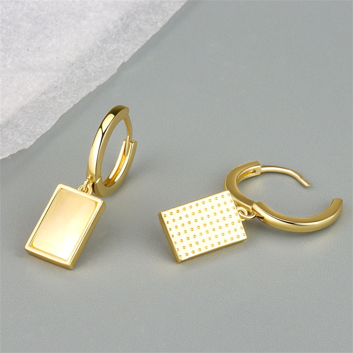 Cat's Eye and 18K Gold-Plated Rectangle Drop Earrings, gold huggie earrings, vintage-inspired design, styled look