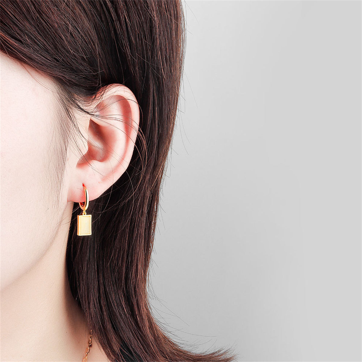 Cat's Eye and 18K Gold-Plated Rectangle Drop Earrings, gold huggie earrings, vintage-inspired design, front view