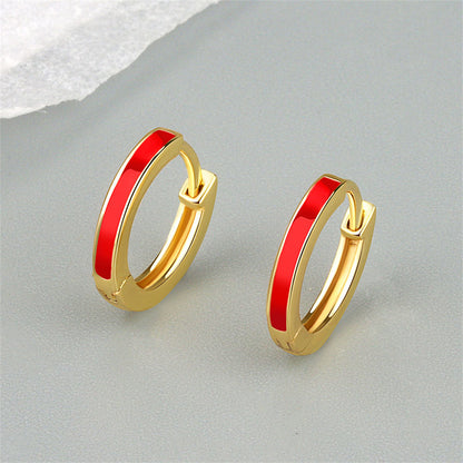 Red Enamel and 18K Gold-Plated Huggie Earrings, gold huggie earrings, vintage-inspired design, side view