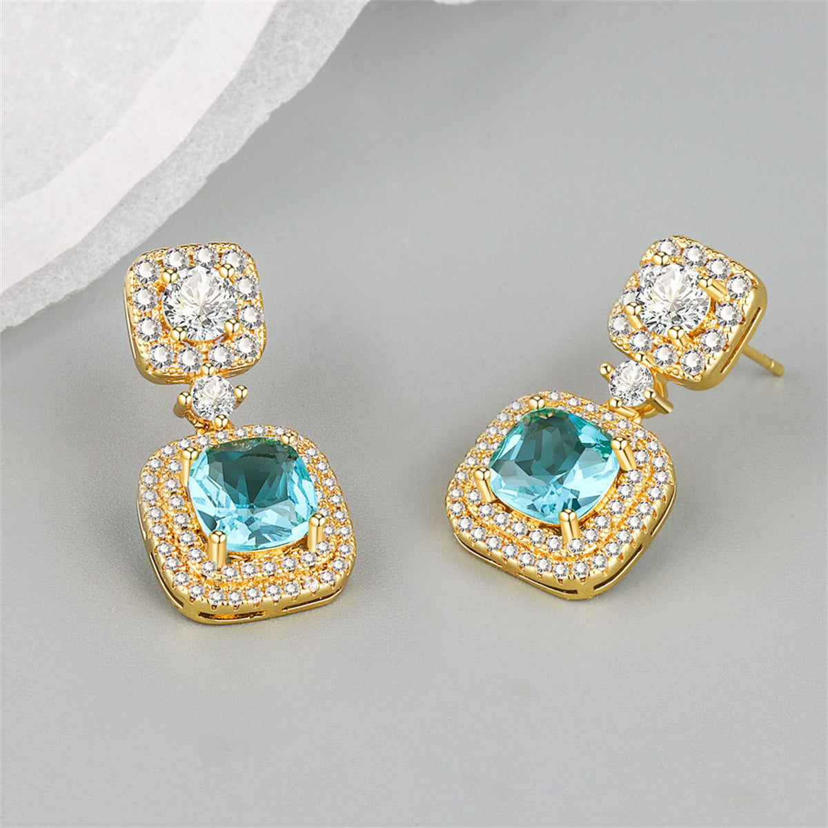 Light Green Crystal and Cubic Zirconia Square Drop Earrings, drop earrings for women, elegant gift for her, side view