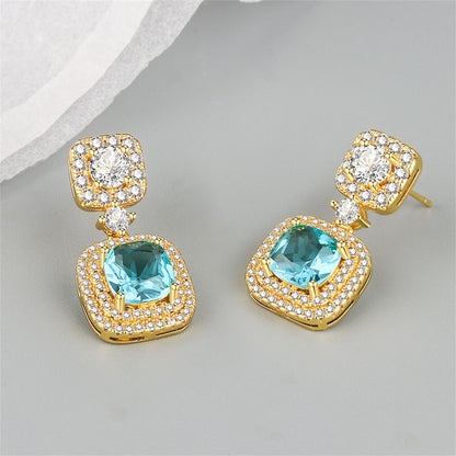 Light Green Crystal and Cubic Zirconia Square Drop Earrings, drop earrings for women, elegant gift for her, side view