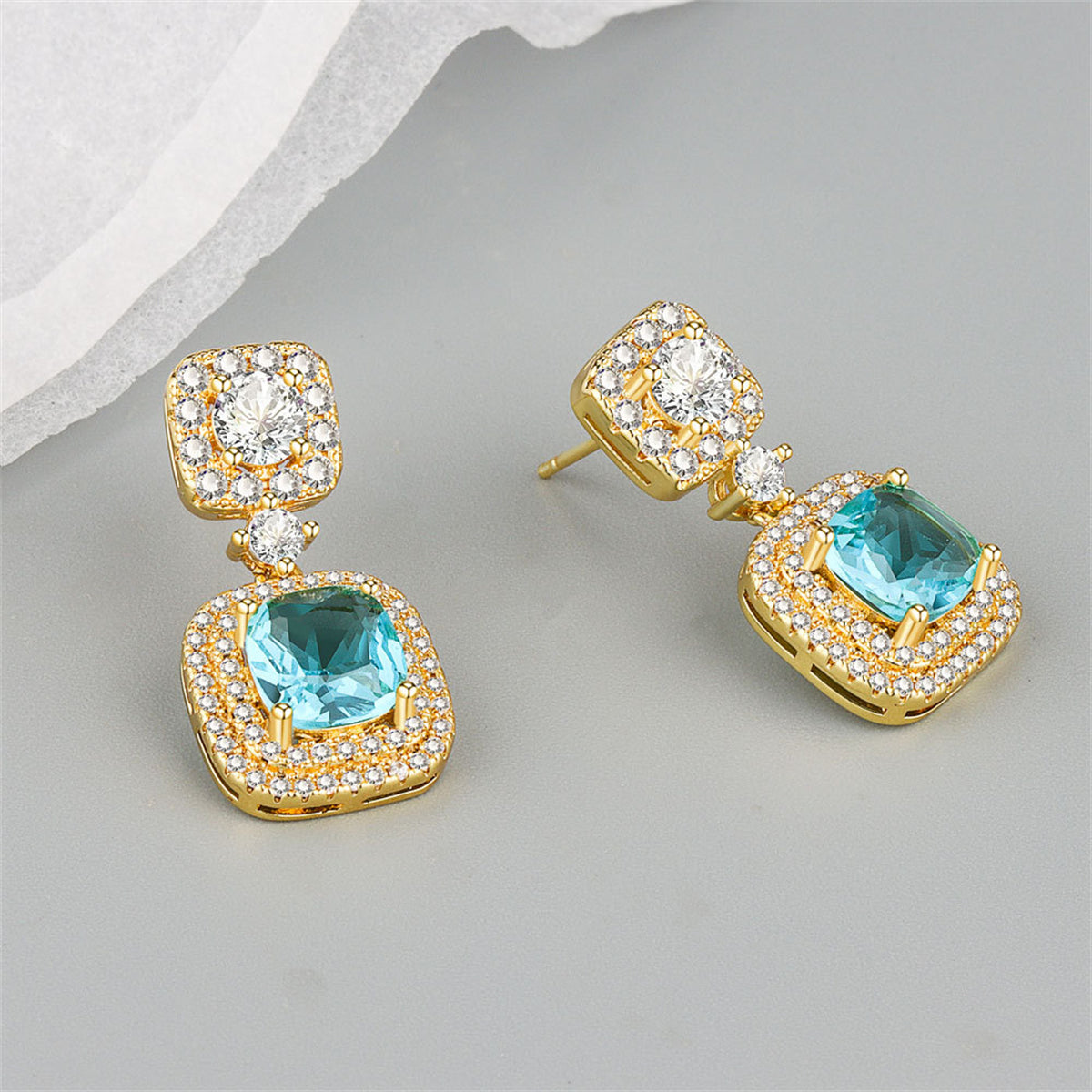 Light Green Crystal and Cubic Zirconia Square Drop Earrings, drop earrings for women, elegant gift for her, front view