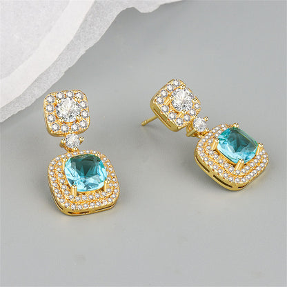 Light Green Crystal and Cubic Zirconia Square Drop Earrings, drop earrings for women, elegant gift for her, front view