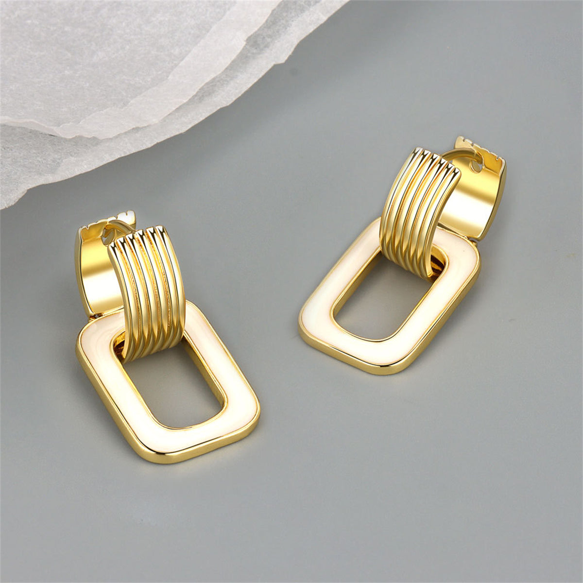 White Enamel and 18K Gold-Plated Rectangle Link Huggie Earrings, gold huggie earrings, botanical inspired, front view