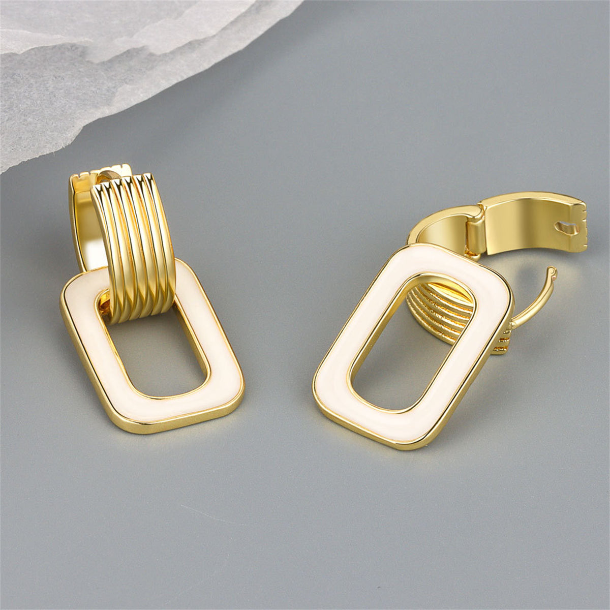 White Enamel and 18K Gold-Plated Rectangle Link Huggie Earrings, gold huggie earrings, botanical inspired, detail close-up