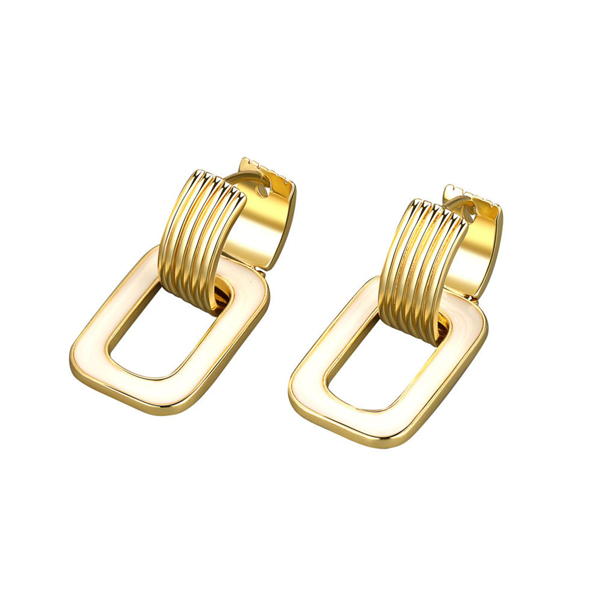 White Enamel and 18K Gold-Plated Rectangle Link Huggie Earrings, gold huggie earrings, botanical inspired, side view