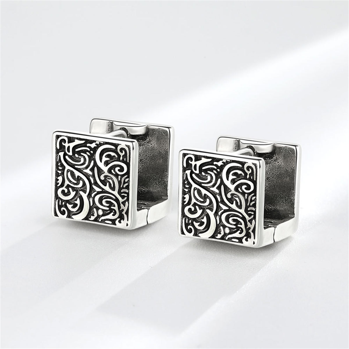 Black Enamel and Silver-Plated Rattan Square Huggie Earrings, silver huggie earrings, elegant gift for her, side view