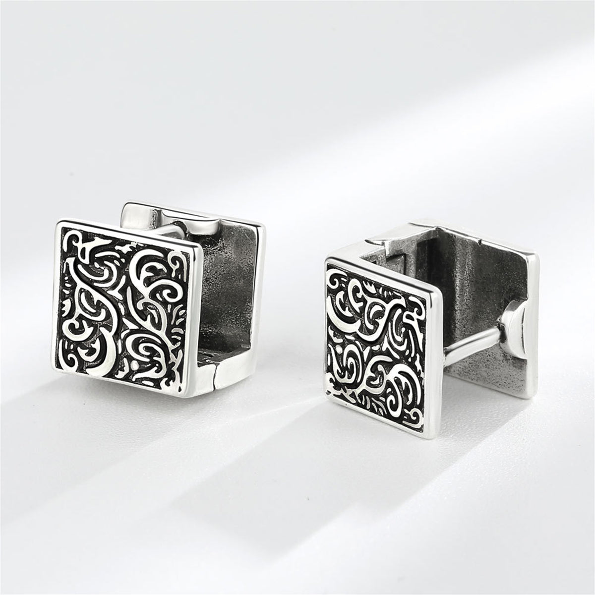 Black Enamel and Silver-Plated Rattan Square Huggie Earrings, silver huggie earrings, elegant gift for her, detail close-up
