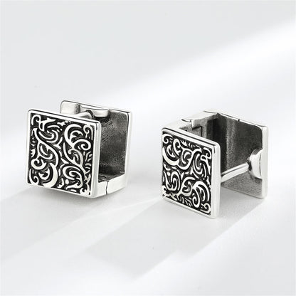 Black Enamel and Silver-Plated Rattan Square Huggie Earrings, silver huggie earrings, elegant gift for her, detail close-up