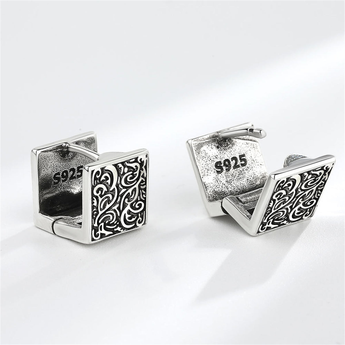 Black Enamel and Silver-Plated Rattan Square Huggie Earrings, silver huggie earrings, elegant gift for her, lifestyle look