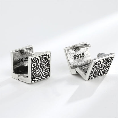 Black Enamel and Silver-Plated Rattan Square Huggie Earrings, silver huggie earrings, elegant gift for her, lifestyle look