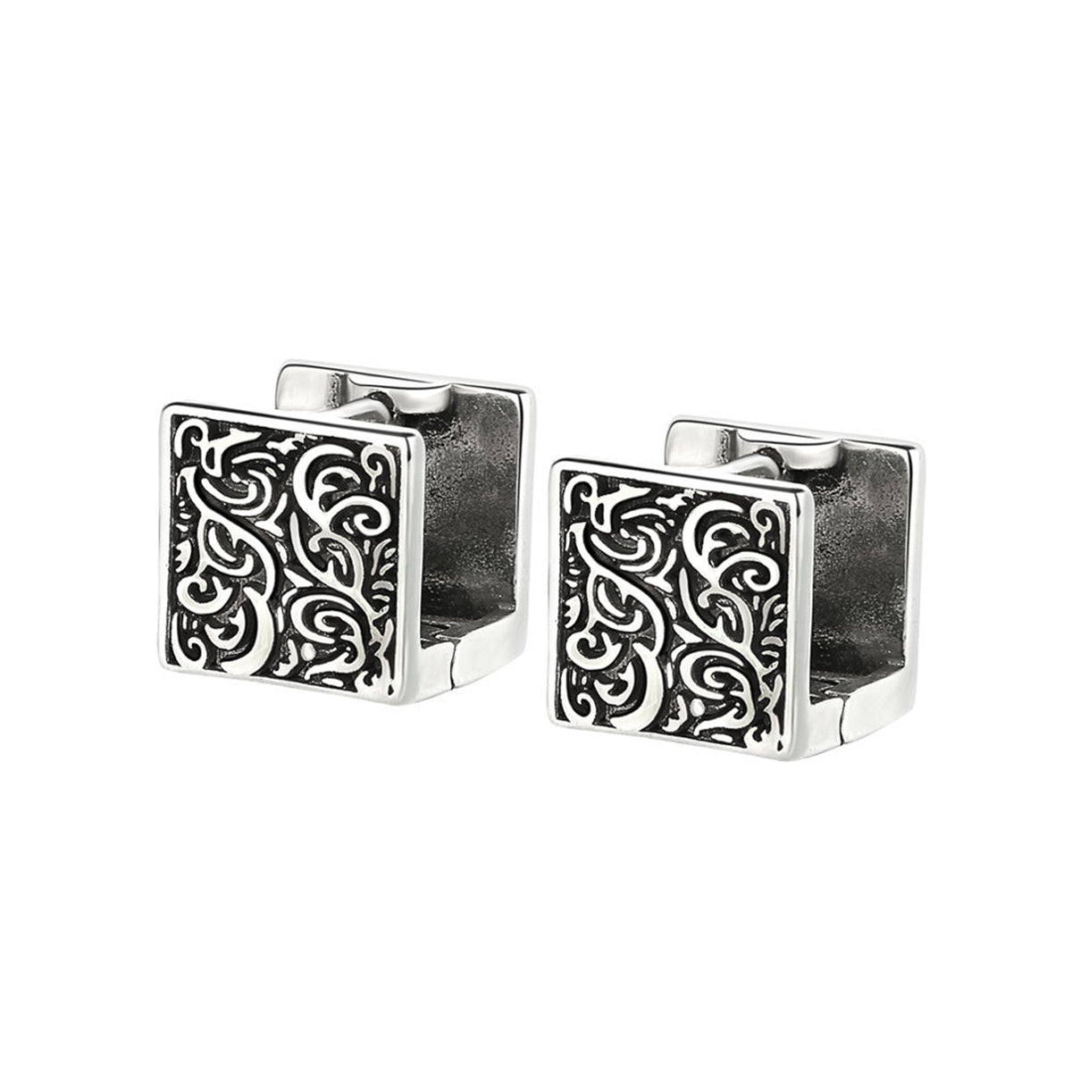 Black Enamel and Silver-Plated Rattan Square Huggie Earrings, silver huggie earrings, elegant gift for her, front view