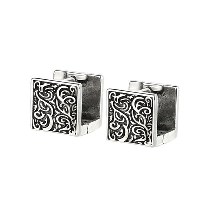 Black Enamel and Silver-Plated Rattan Square Huggie Earrings, silver huggie earrings, elegant gift for her, front view