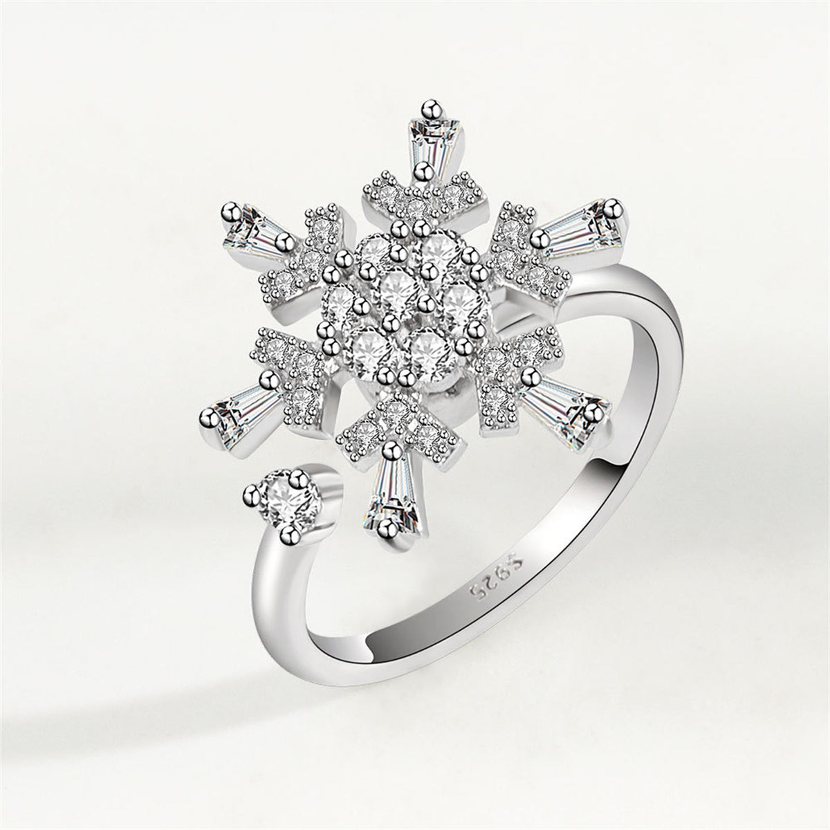 Crystal and Cubic Zirconia Rotatable Snowflake Open Ring, statement rings for women, botanical inspired, front view