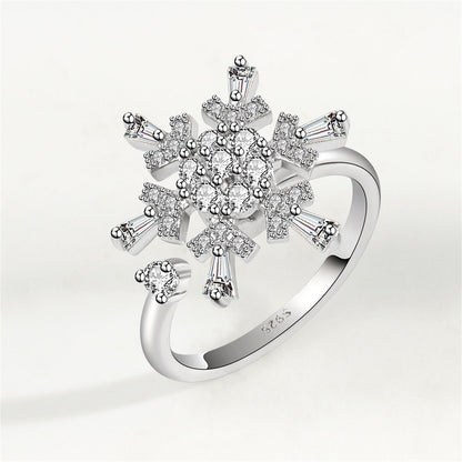 Crystal and Cubic Zirconia Rotatable Snowflake Open Ring, statement rings for women, botanical inspired, front view