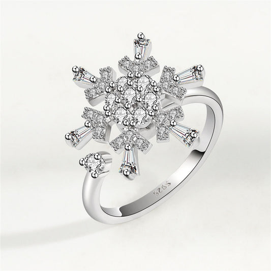 Crystal and Cubic Zirconia Rotatable Snowflake Open Ring, statement rings for women, botanical inspired, front view