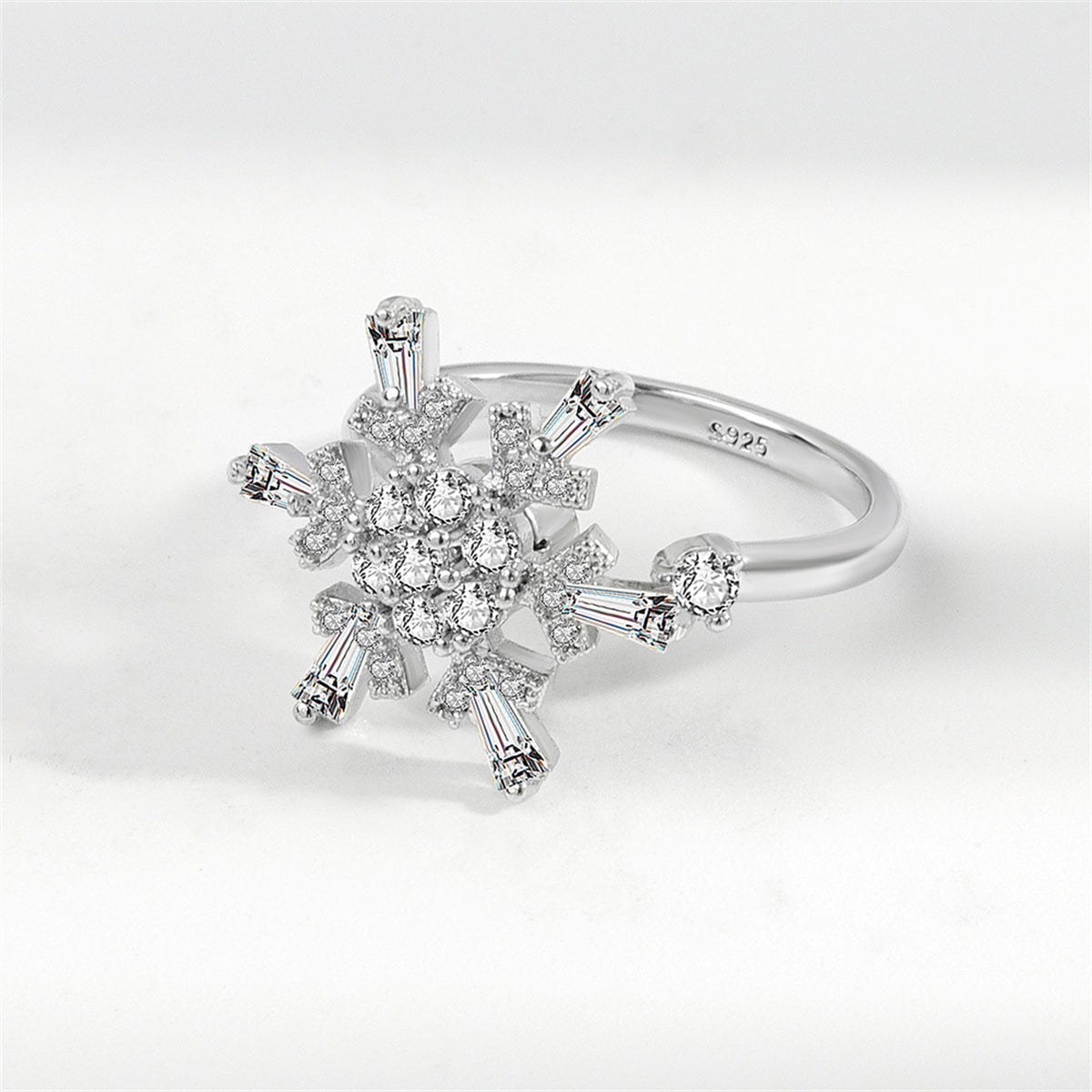 Crystal and Cubic Zirconia Rotatable Snowflake Open Ring, statement rings for women, botanical inspired, detail close-up