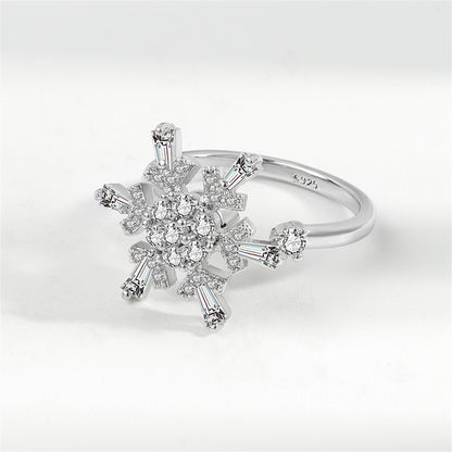 Crystal and Cubic Zirconia Rotatable Snowflake Open Ring, statement rings for women, botanical inspired, detail close-up