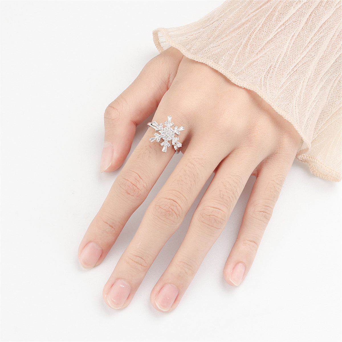 Crystal and Cubic Zirconia Rotatable Snowflake Open Ring, statement rings for women, botanical inspired, lifestyle look