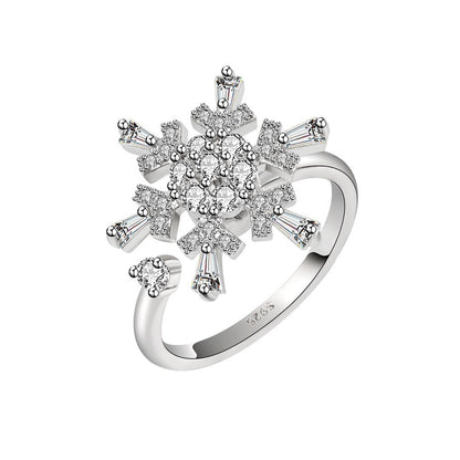 Crystal and Cubic Zirconia Rotatable Snowflake Open Ring, statement rings for women, botanical inspired, side view