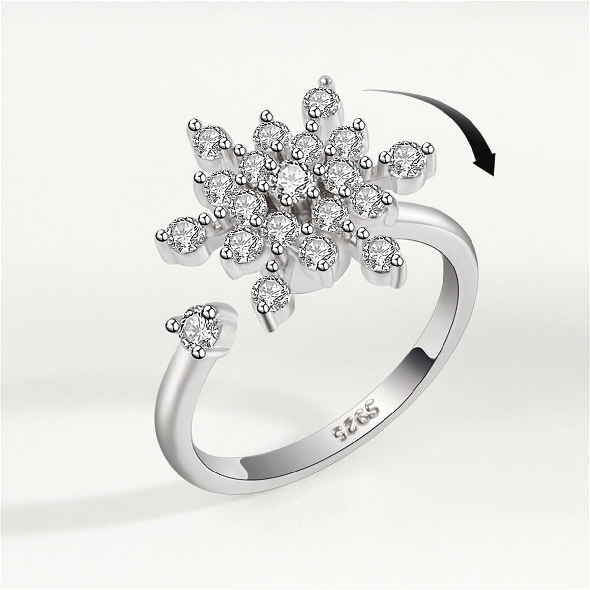 Cubic Zirconia Rotating Snowflake Open Ring, statement rings for women, everyday style, detail close-up
