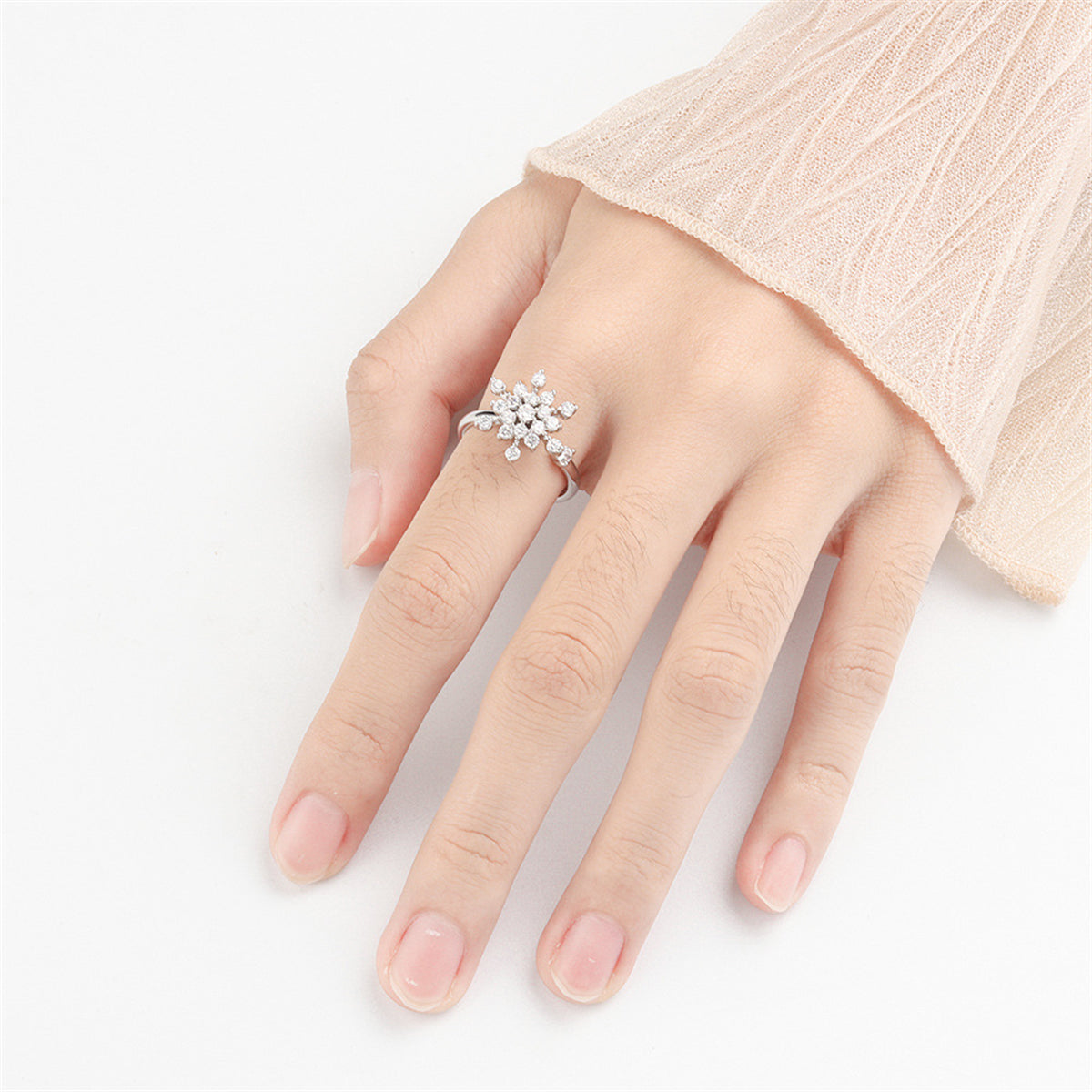 Cubic Zirconia Rotating Snowflake Open Ring, statement rings for women, everyday style, front view