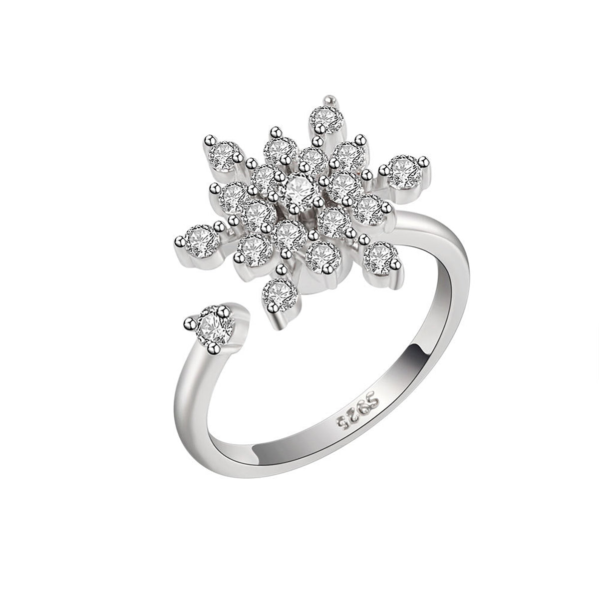 Cubic Zirconia Rotating Snowflake Open Ring, statement rings for women, everyday style, side view