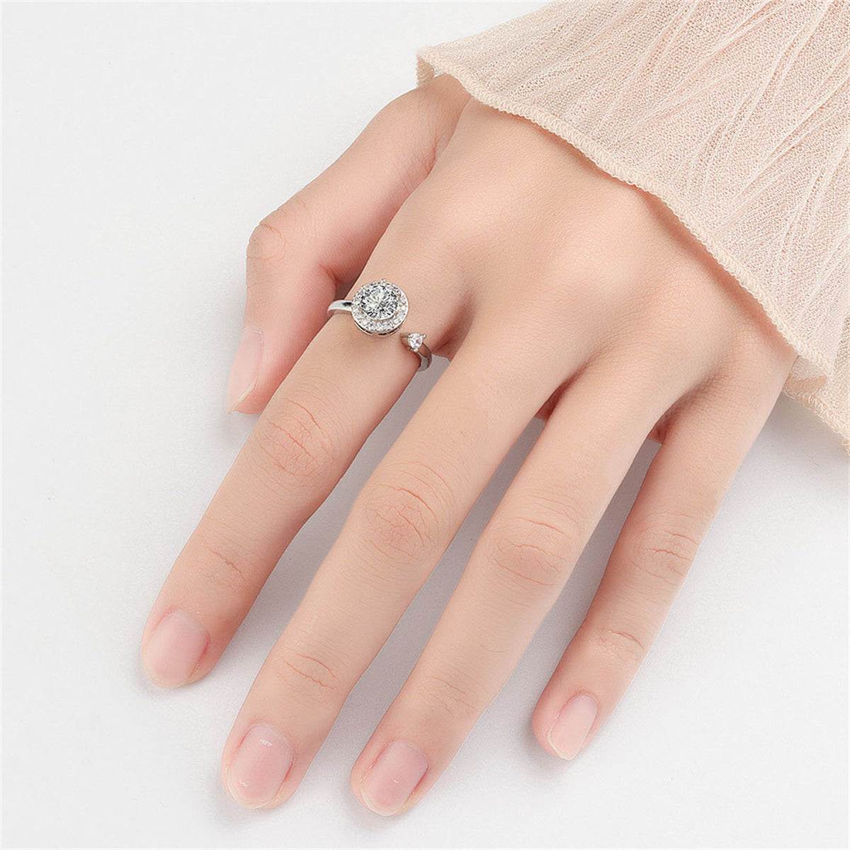 Crystal and Cubic Zirconia Silver-Plated Rotating Round Open Ring, silver statement rings for women, styled look