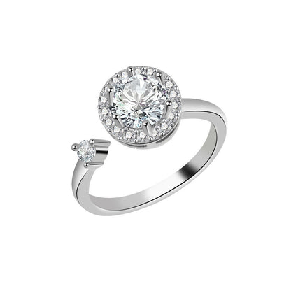 Crystal and Cubic Zirconia Silver-Plated Rotating Round Open Ring, silver statement rings for women, front view