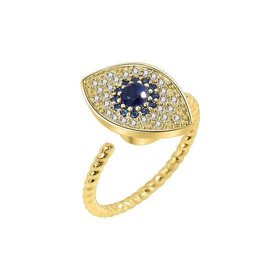 Blue Crystal and Cubic Zirconia 18K Gold-Plated Rotating Eye Open Ring, gold statement rings for women, front view